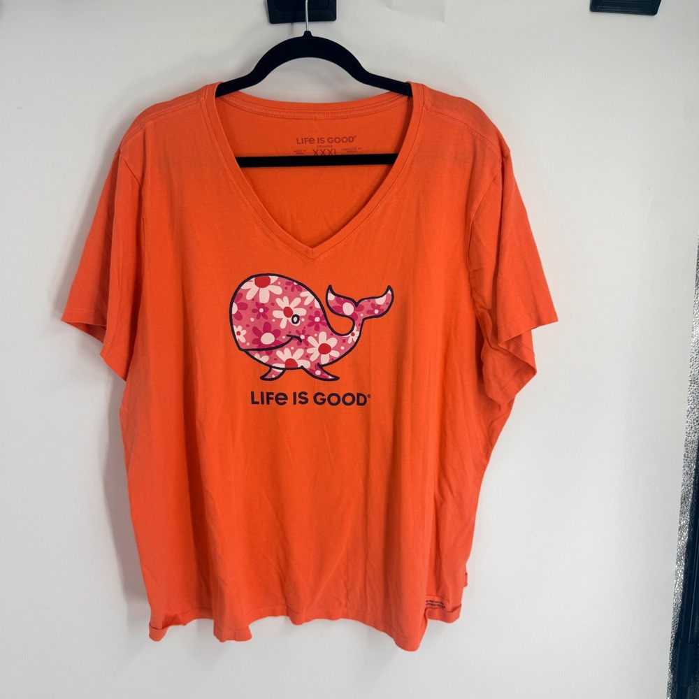Life is Good Womens XXXL Orange Crusher V-Neck Floral Whale Graphic T-Shirt Tee